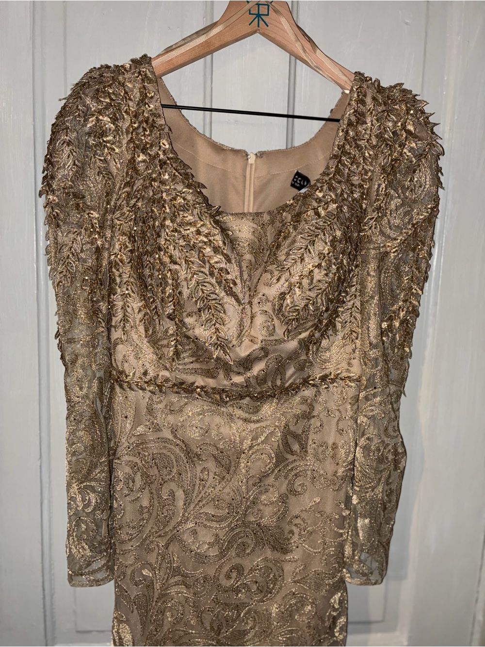 Mac Duggal Gold Beaded Long Sleeve Evening Gown
